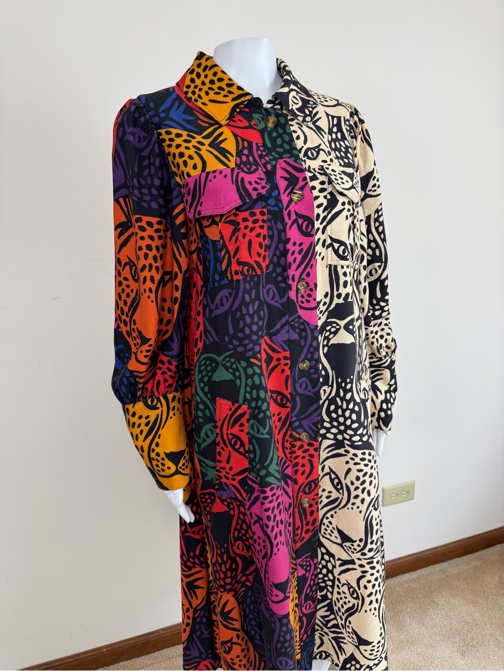 FARM Rio Midnight Leopard Print Midi Shirt Dress Animal Patchwork M - Picture 6 of 10